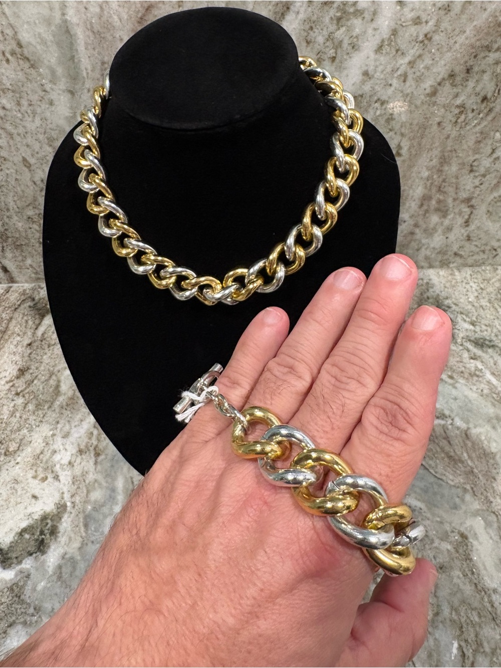 Two-Tone Gold and Silver Chunky Chain Necklace and Bracelet Set Vintage 80’s
